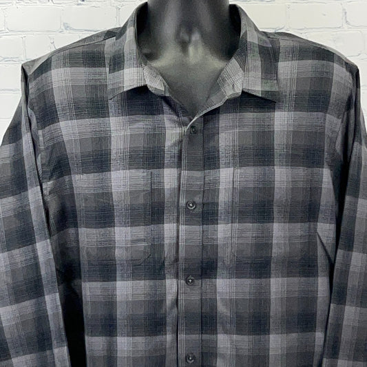 Travis Mathew Men's Gray Plaid Button-Up Shirt in a Relaxed Fit, Front View