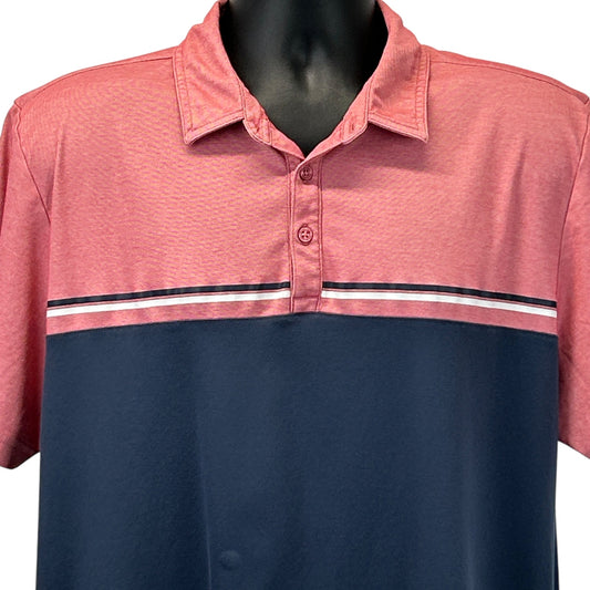 Travis Mathew Men's Polo Shirt in Coral and Navy with Horizontal Stripe Detail on Front