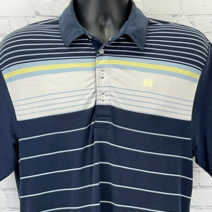 Travis Mathew Navy Striped Polo Shirt with Yellow and Gray Detailing, Front View, Size Large