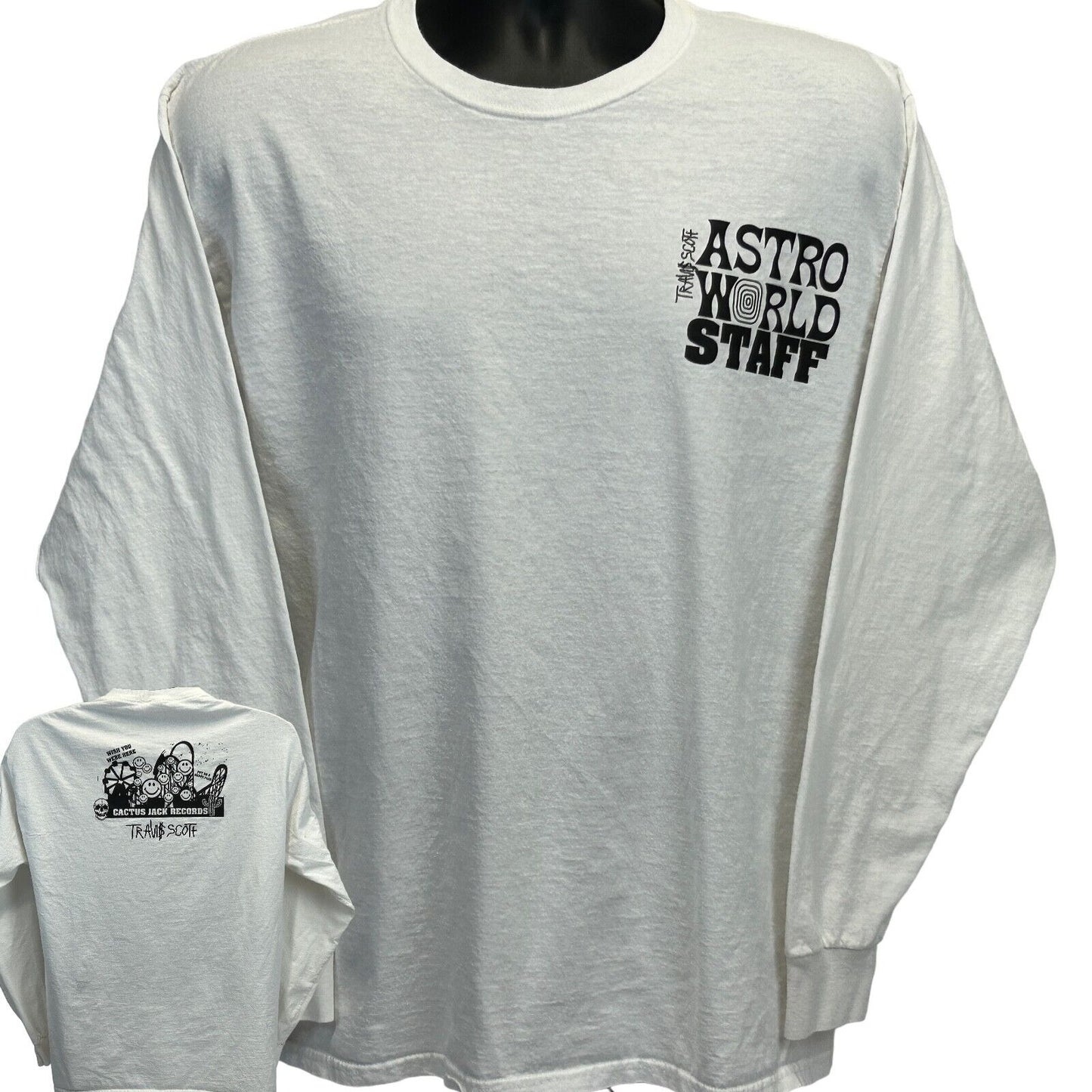 White Fruit of the Loom long sleeve T-Shirt featuring Travis Scott Astroworld logo on front and back