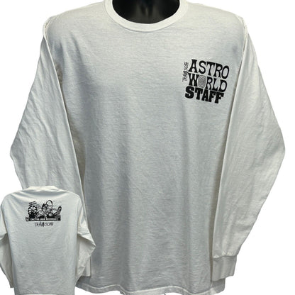 White Fruit of the Loom long sleeve T-Shirt featuring Travis Scott Astroworld logo on front and back