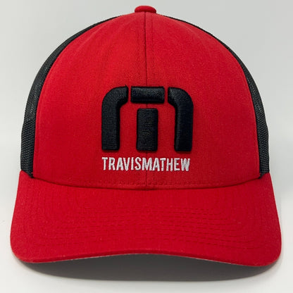 TravisMathew Red Adjustable Baseball Cap with Black Mesh Back and Iconic Logo