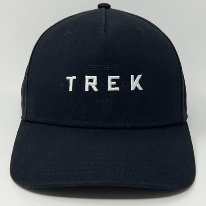 Sportiqe black Trek cap with embroidered logo, vintage style for cycling enthusiasts