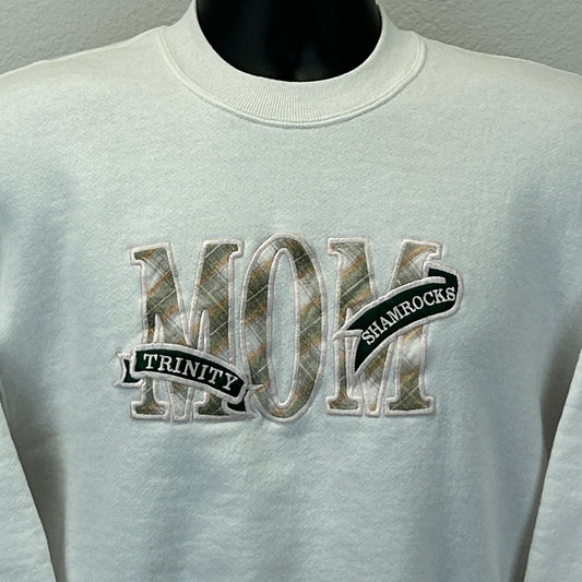 Vintage white sweatshirt featuring Trinity Shamrocks embroidered with a plaid design