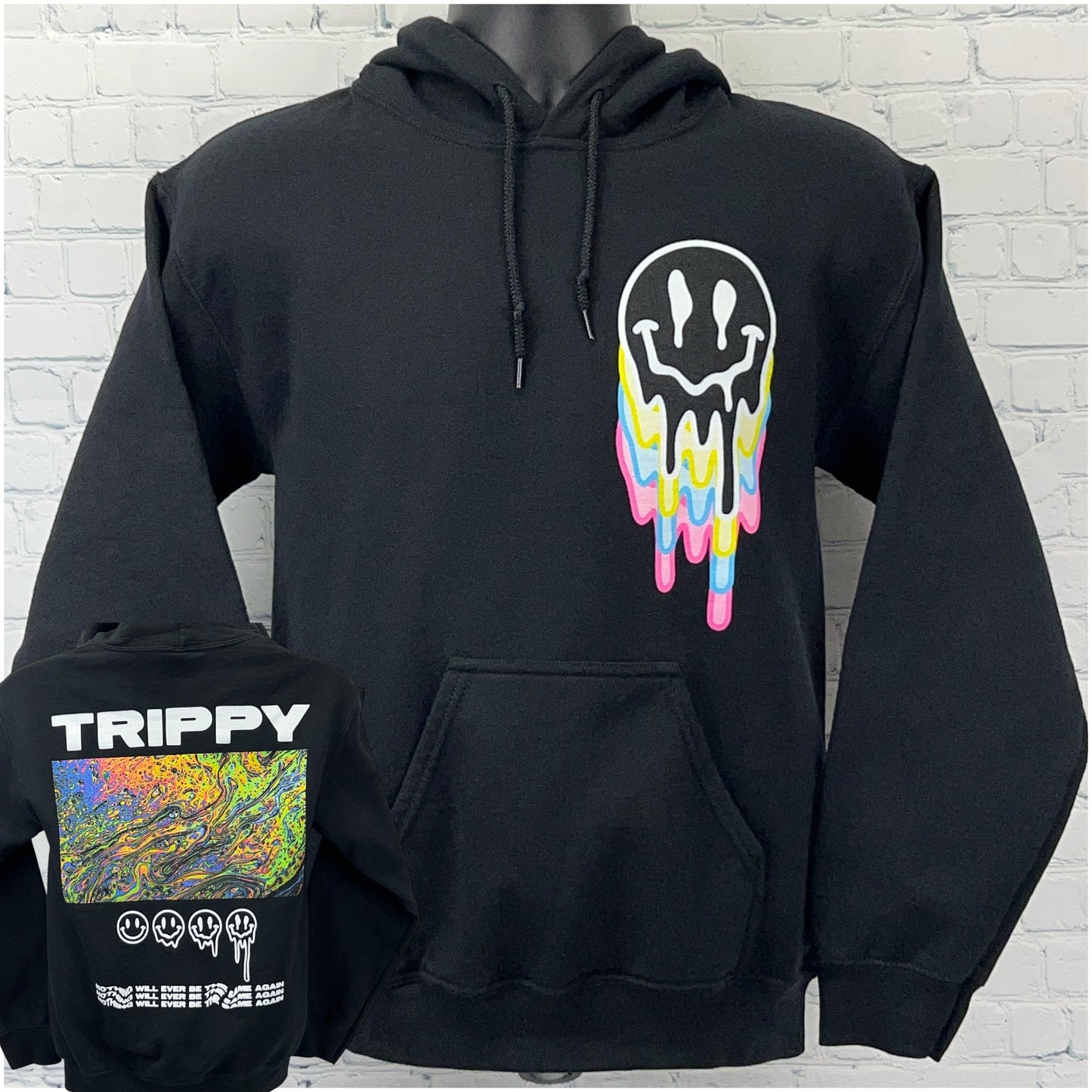 Black Popular Poison hoodie featuring a colorful melting logo on the front and a trippy design on the back