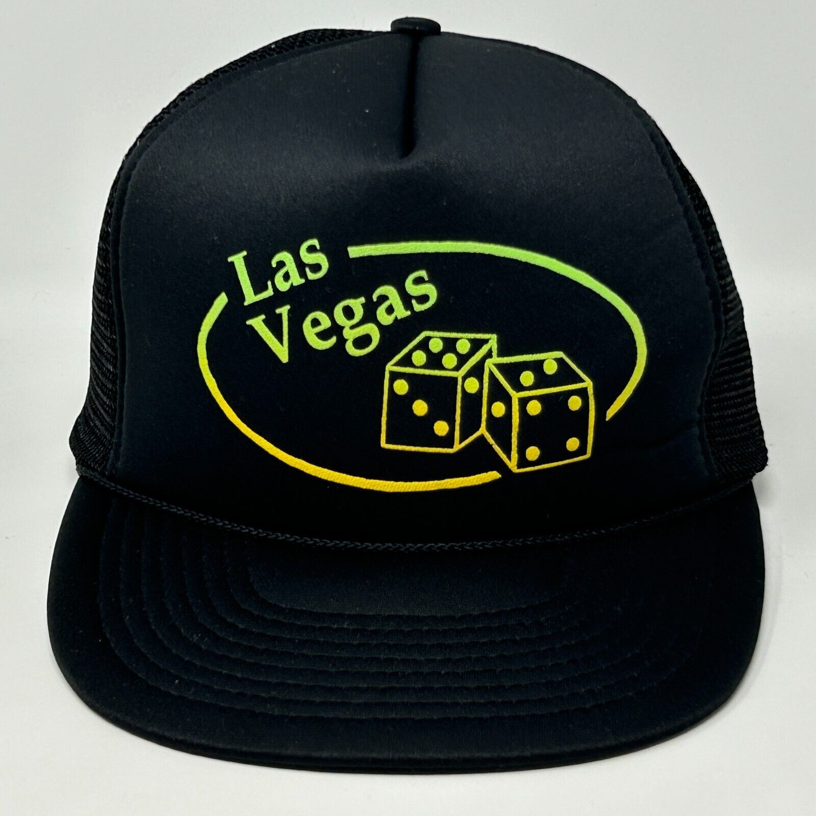 Black Vintage Las Vegas Trucker Hat with Yellow Dice Graphic and Adjustable Snapback Closure