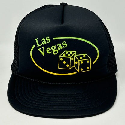 Black Vintage Las Vegas Trucker Hat with Yellow Dice Graphic and Adjustable Snapback Closure