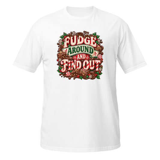 Neonvtg Fudge Around And Find Out T-Shirt in white with colorful holiday-themed graphic and vintage style