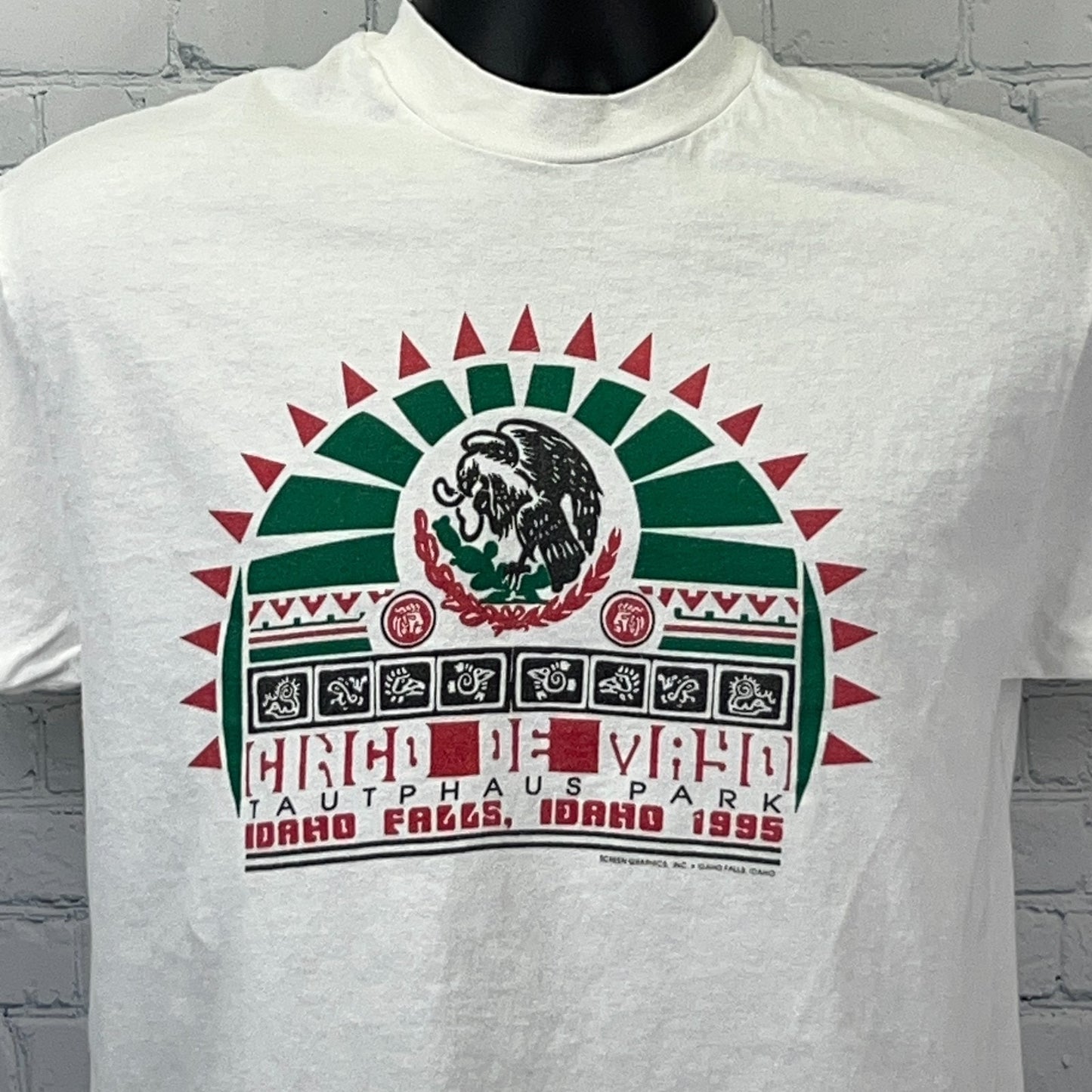 Hanes white t-shirt with colorful Idaho Falls graphic featuring sun design and year 1995
