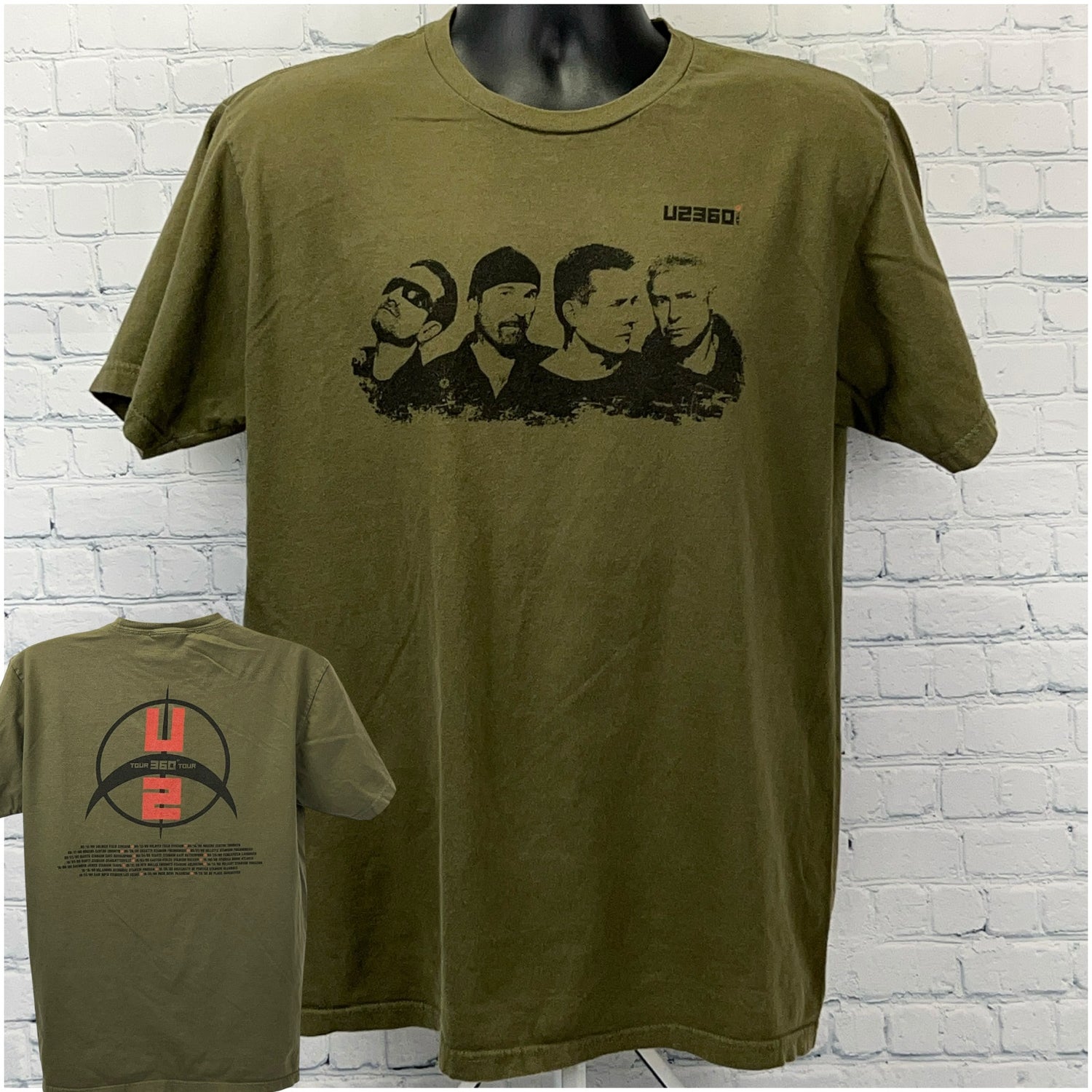 Olive green U2 T Shirt featuring band members on the front and logo detail on the back