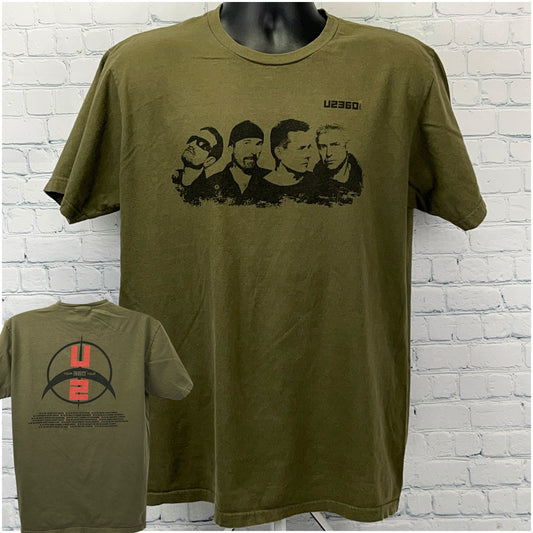 Olive green U2 T Shirt featuring band members on the front and logo detail on the back