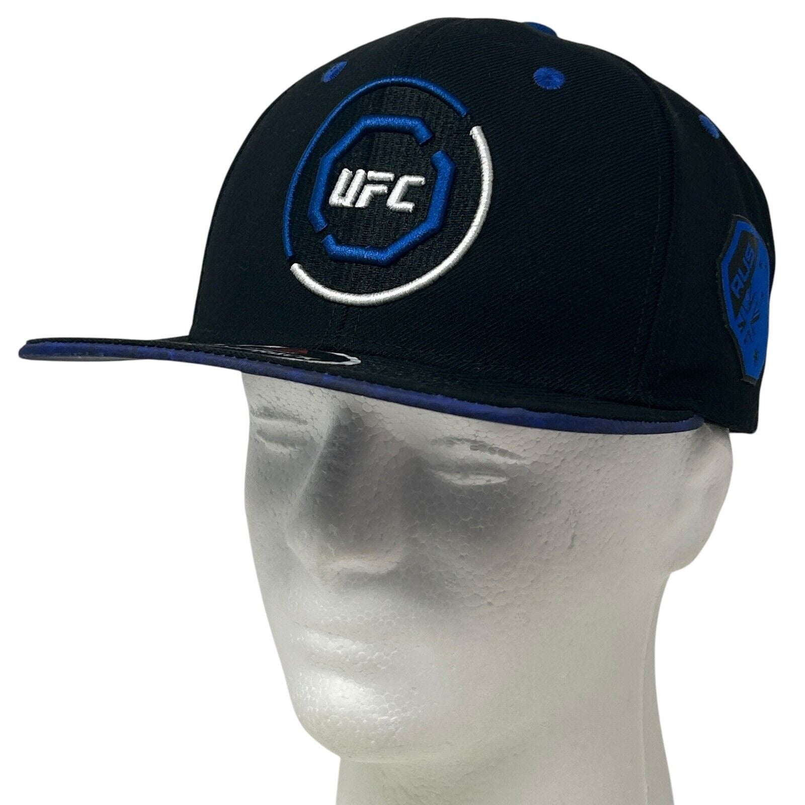 Reebok UFC Australia black snapback hat with blue logo and front view showing detailed stitching