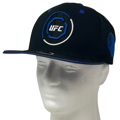 Reebok UFC Australia black snapback hat with blue logo and front view showing detailed stitching