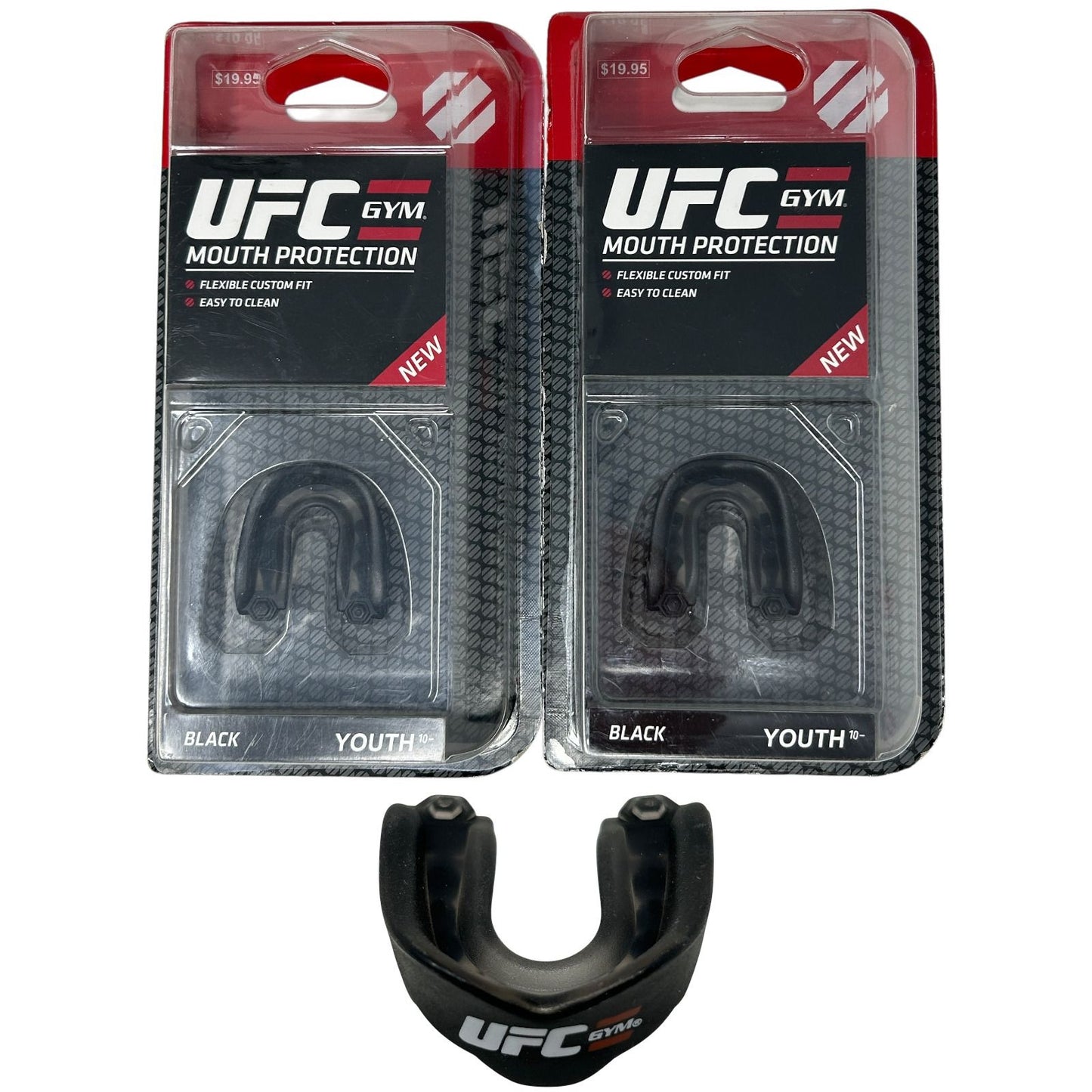 UFC Youth Black Mouth Protection with Custom Fit, shown in packaging and from front view
