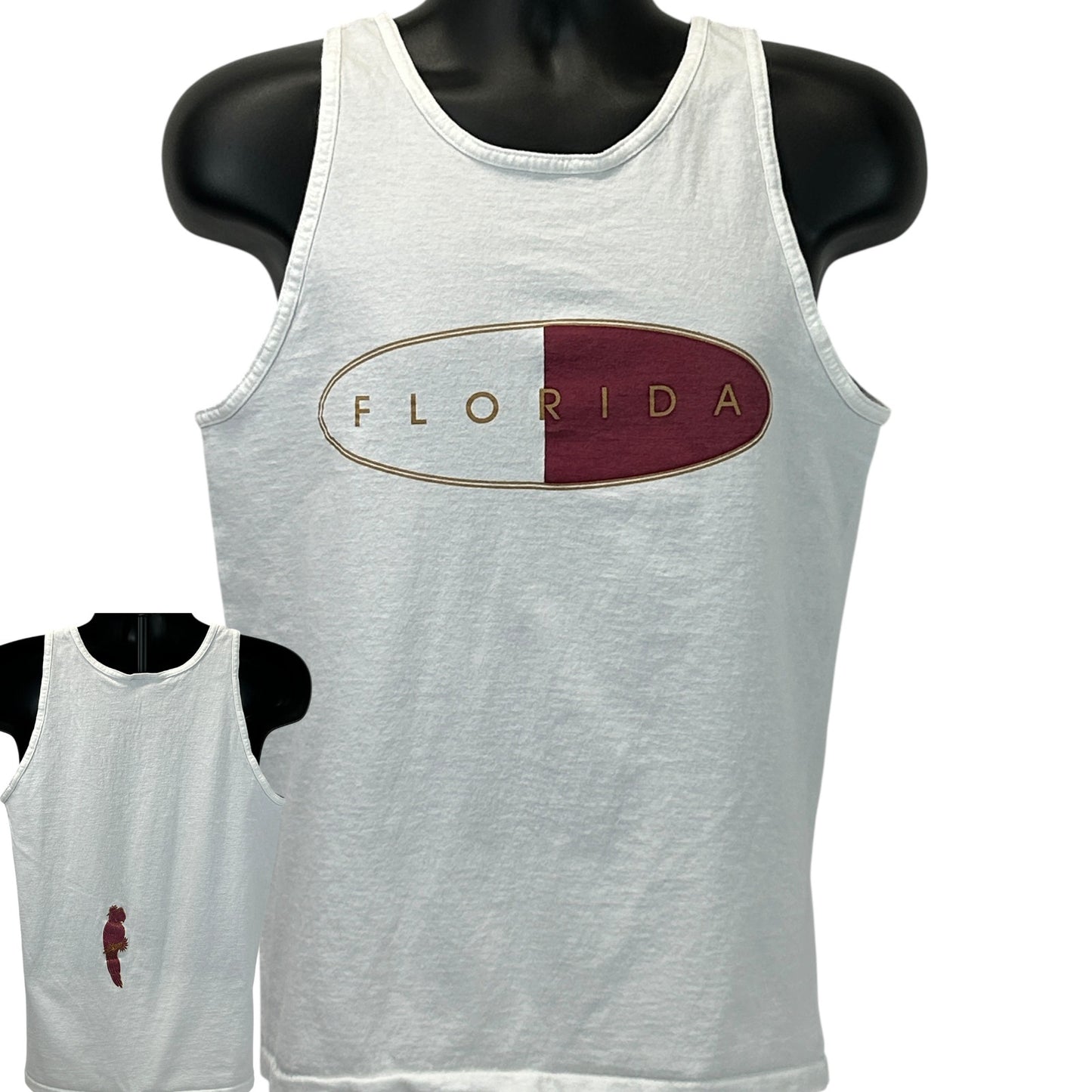 Vintage Florida tank top in white with bold maroon logo on the front, casual fit for summer wear