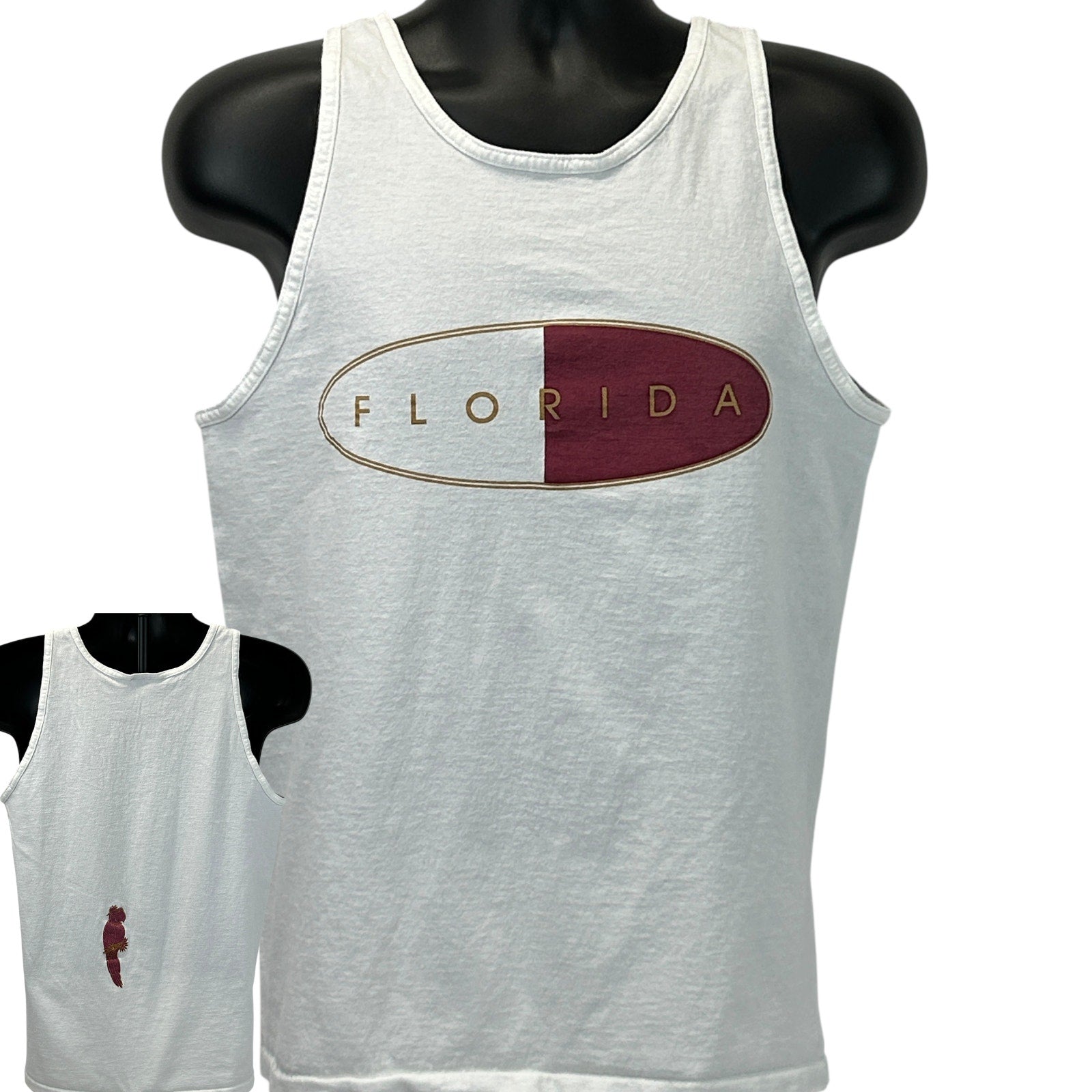 Vintage Florida tank top in white with bold maroon logo on the front, casual fit for summer wear