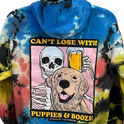 Puppies and Booze Hoodie Mens Large A$$holes Live Forever Hooded Tie Dye Blue