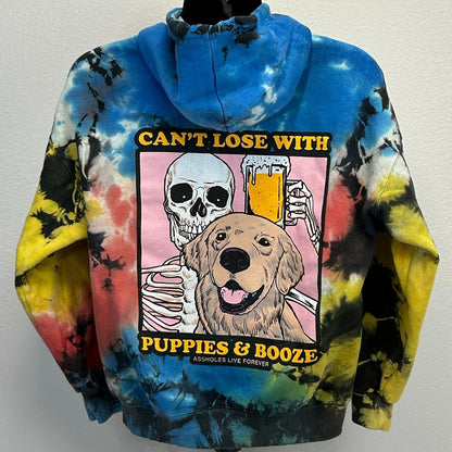 Puppies and Booze Hoodie Mens Large A$$holes Live Forever Hooded Tie Dye Blue