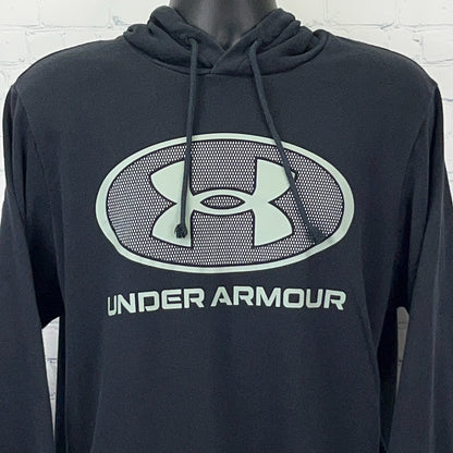 Front view of black Under Armour hoodie featuring large logo and hood for casual wear