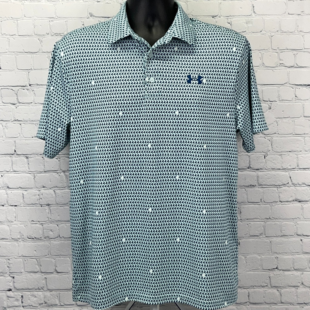 Under Armour Men's Polo Shirt in Teal with Unique Pattern and Logo on Chest, Front View