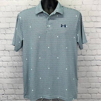 Under Armour Men's Polo Shirt in Teal with Unique Pattern and Logo on Chest, Front View
