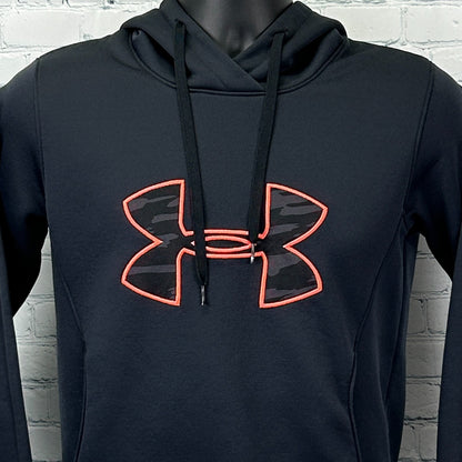Front view of Under Armour Hoodie in black with orange logo and drawstring hood