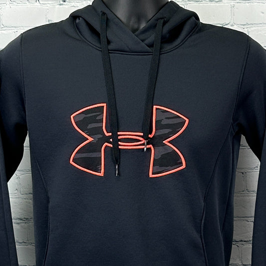 Front view of Under Armour Hoodie in black with orange logo and drawstring hood