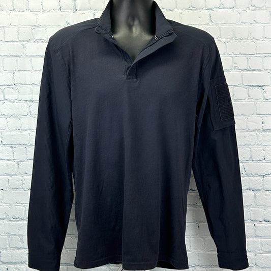 Black Under Armour Shirt in large size featuring a quarter zip and a patch on the sleeve