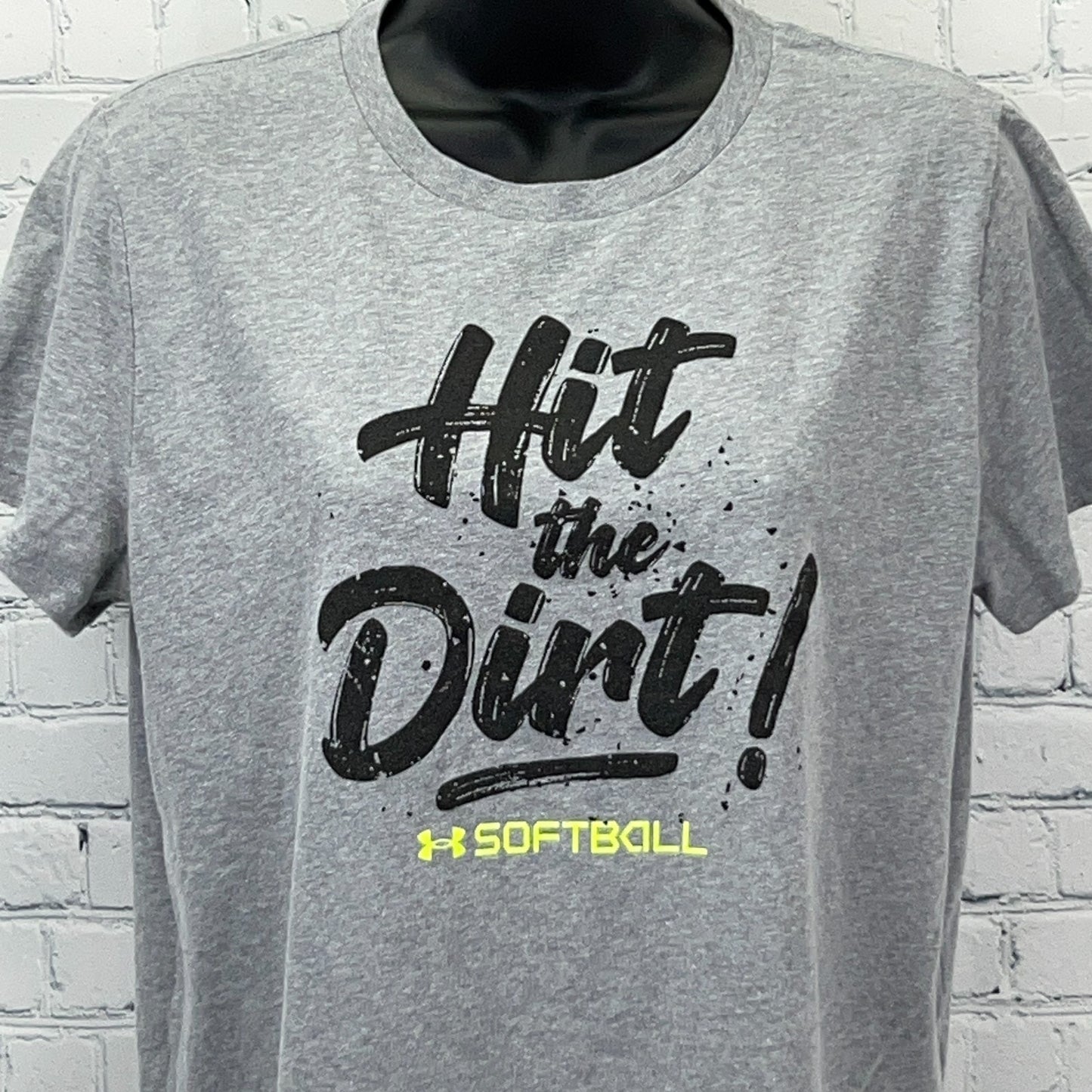Gray Under Armour Softball T-Shirt with 'Hit the Dirt!' Print, Front View, Loose Fit