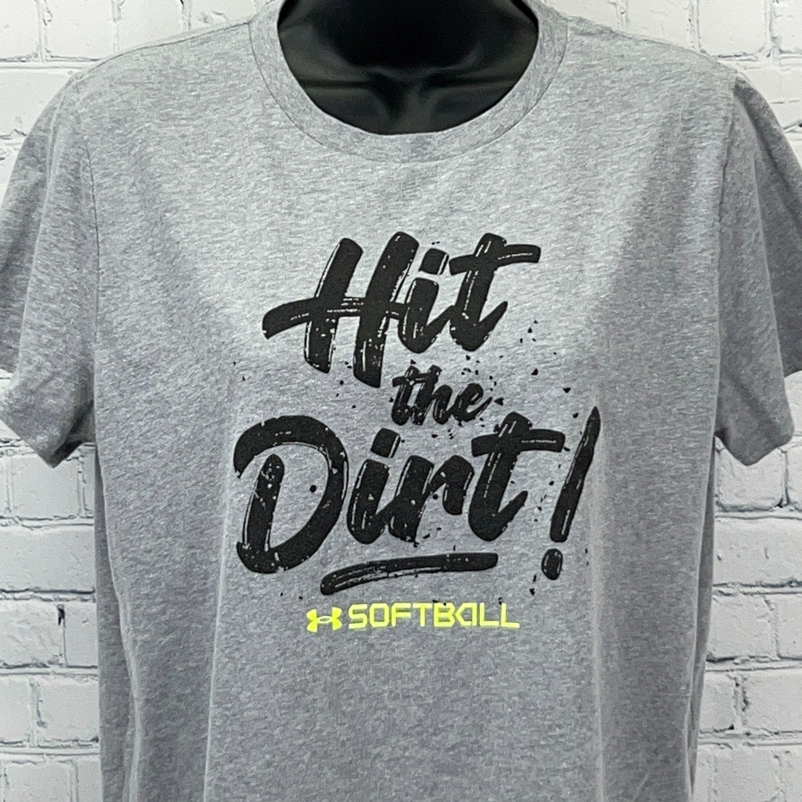 Gray Under Armour Softball T-Shirt with 'Hit the Dirt!' Print, Front View, Loose Fit