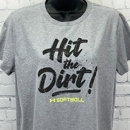 Gray Under Armour Softball T-Shirt with 'Hit the Dirt!' Print, Front View, Loose Fit
