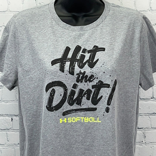 Gray Under Armour Softball T-Shirt with 'Hit the Dirt!' Print, Front View, Loose Fit