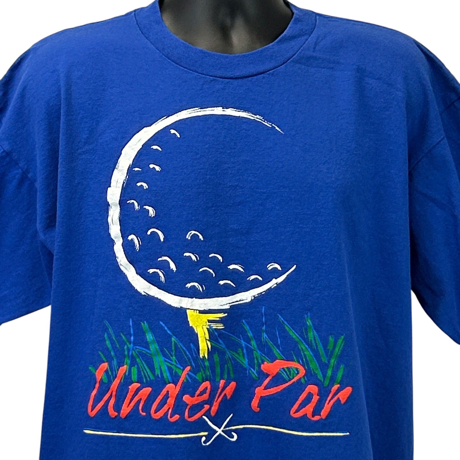 Vintage blue T-shirt featuring a golf design with 'Under Par' text on the front, size large