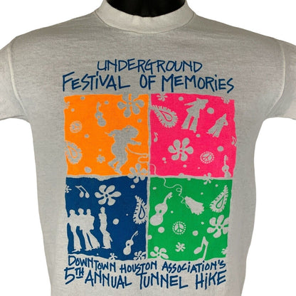 Vintage Houston T-Shirt in light gray featuring colorful festival graphics on the front