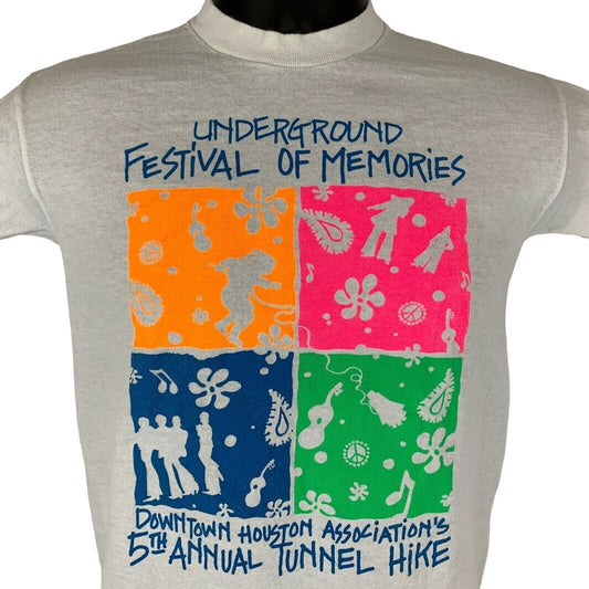 Vintage Houston T-Shirt in light gray featuring colorful festival graphics on the front