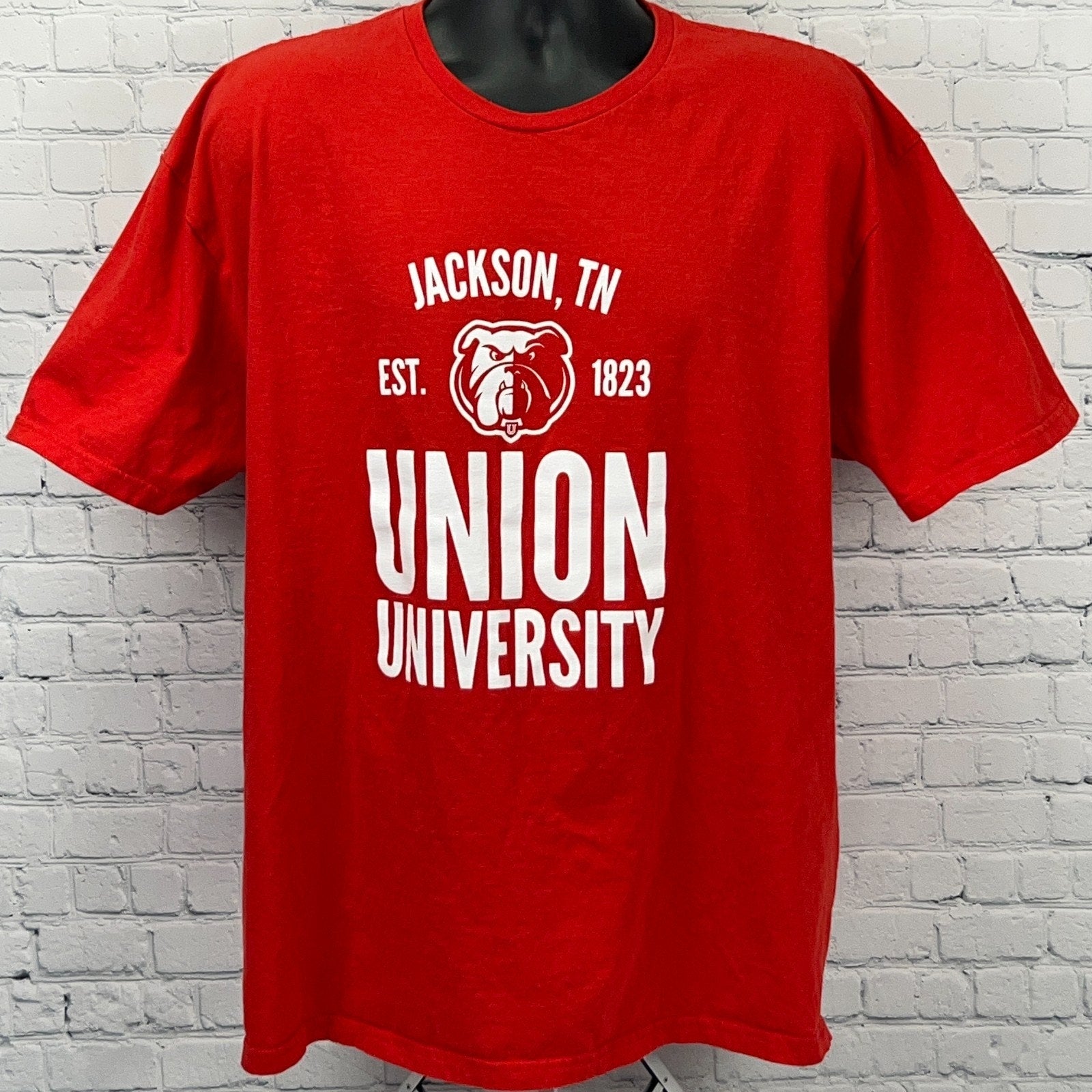 Red Gildan T-shirt featuring Union University logo, front view, size 2XL, celebrating Jackson TN 1823.