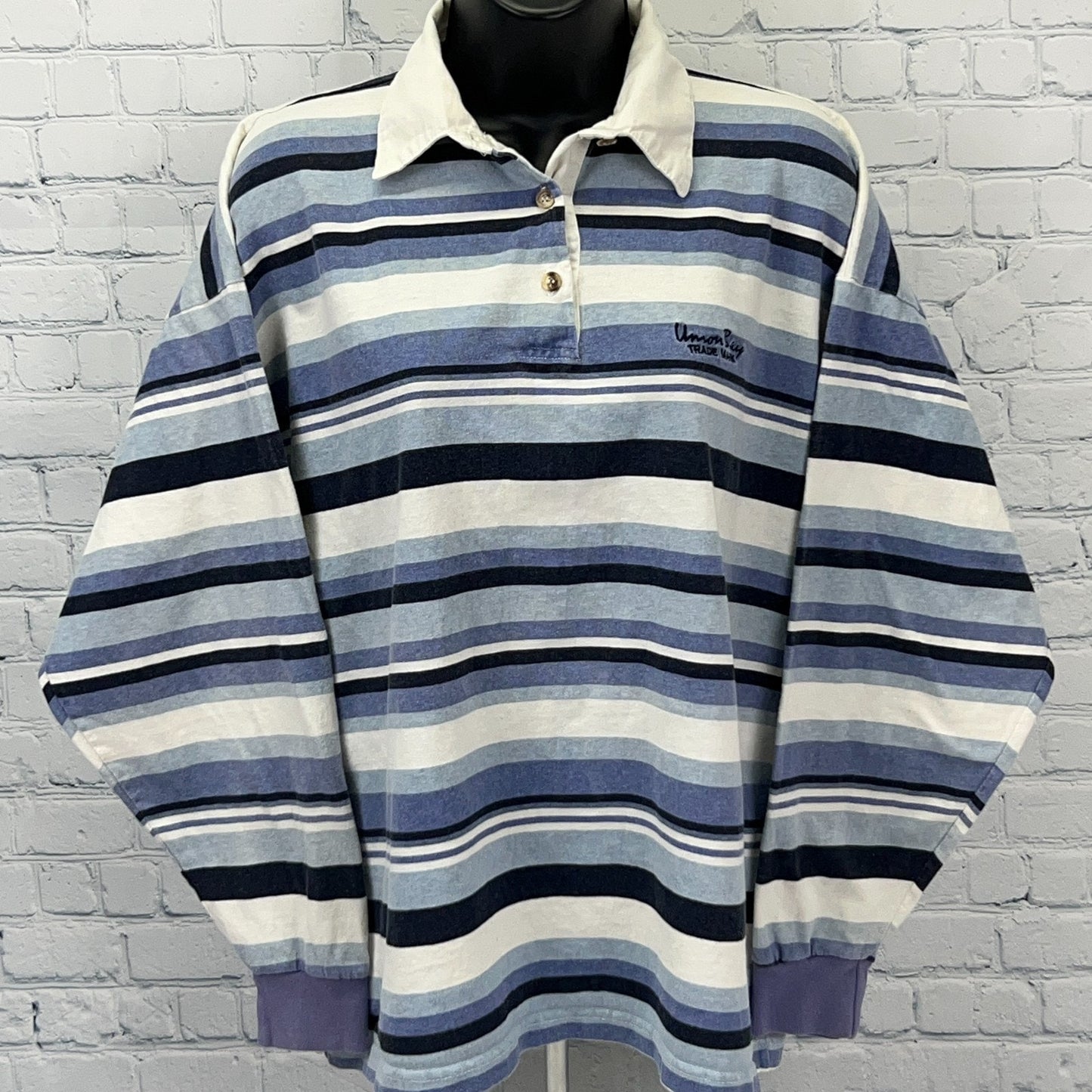 UNIONBAY Men's Long Sleeve Striped Polo Shirt in Blue and White, Front View with Logo Detail