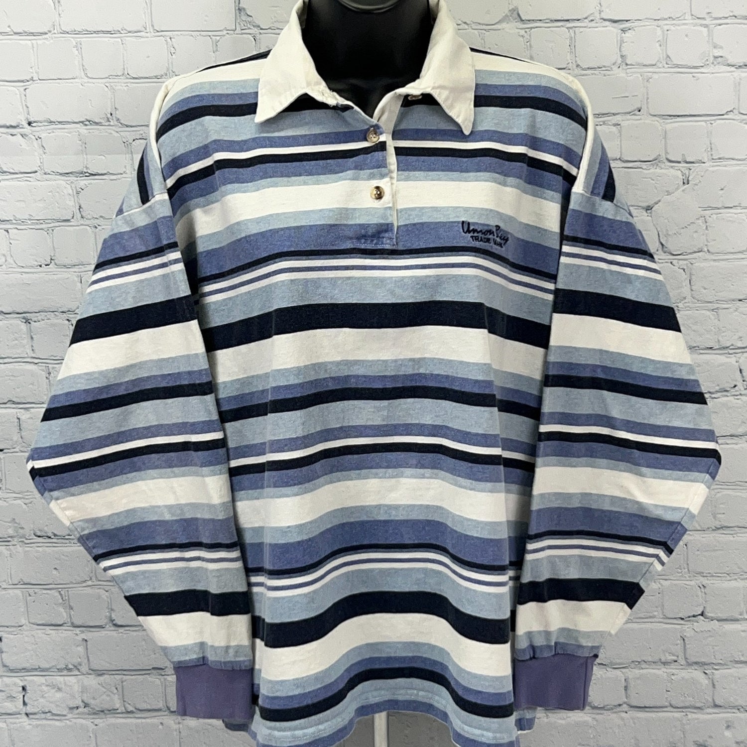 UNIONBAY Men's Long Sleeve Striped Polo Shirt in Blue and White, Front View with Logo Detail