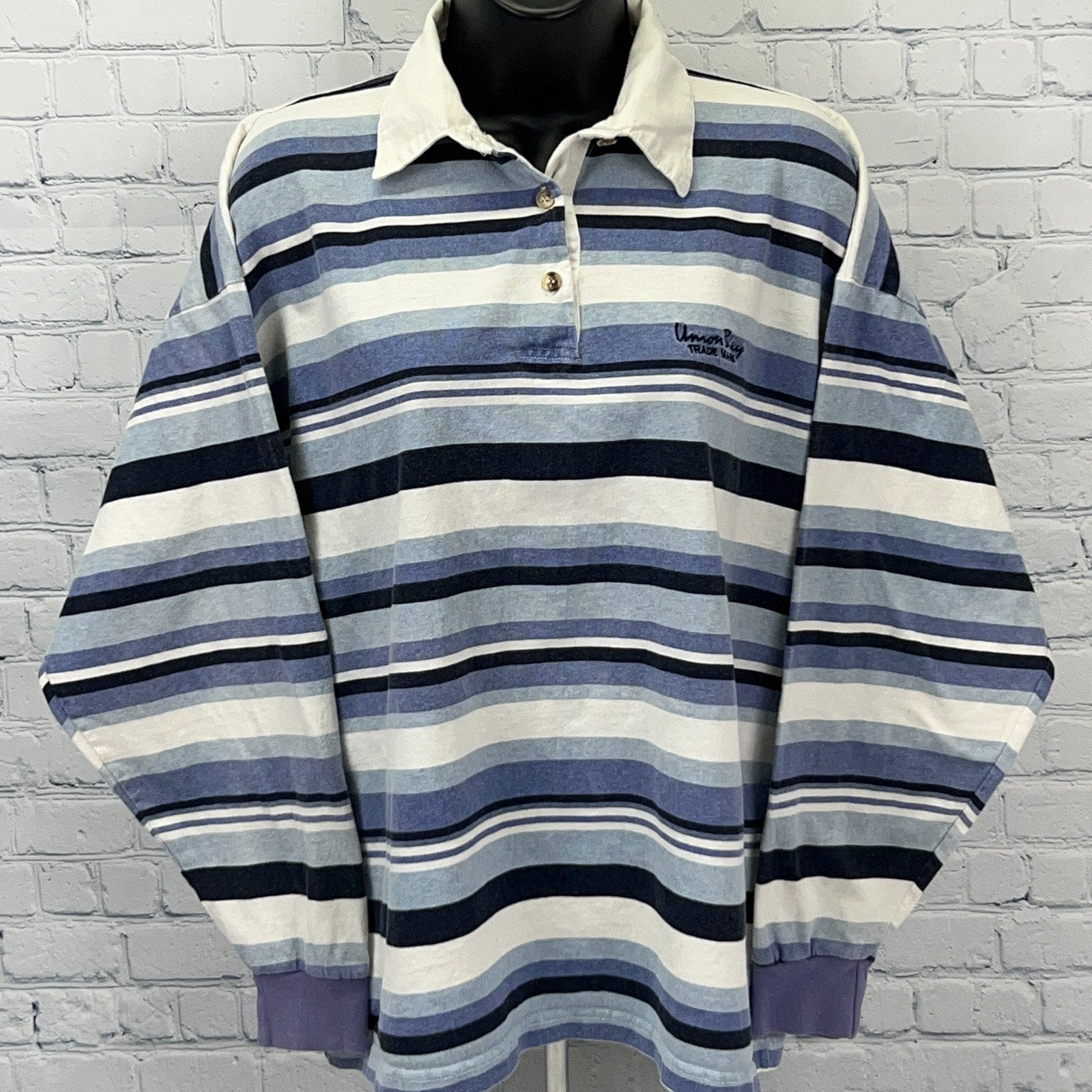 UNIONBAY Men's Long Sleeve Striped Polo Shirt in Blue and White, Front View with Logo Detail
