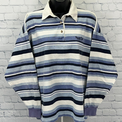 UNIONBAY Men's Long Sleeve Striped Polo Shirt in Blue and White, Front View with Logo Detail