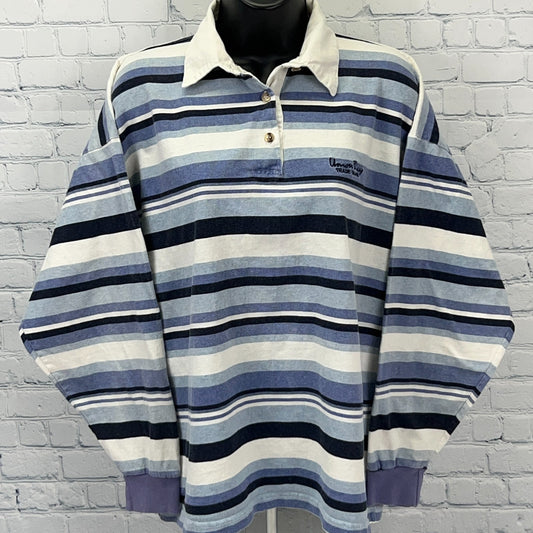 UNIONBAY Men's Long Sleeve Striped Polo Shirt in Blue and White, Front View with Logo Detail