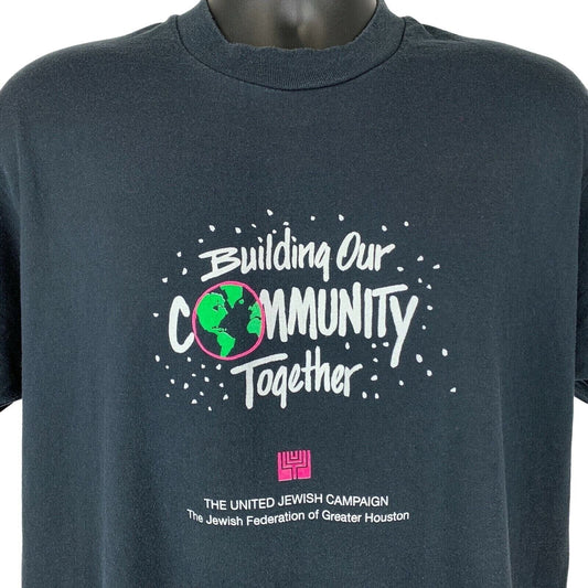 Front view of Screen Stars T-Shirt in black featuring 'Building Our Community Together' and Jewish Campaign logo