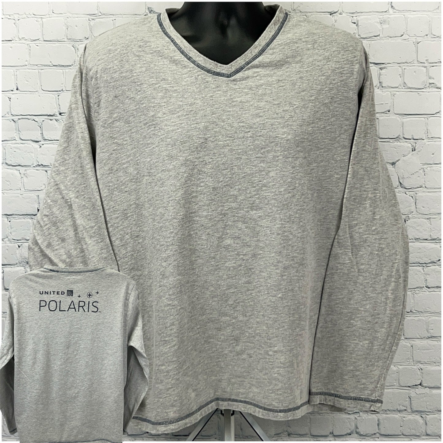 United Polaris Gray Long Sleeve V-Neck Shirt with Front and Back Views, Featuring Logo on Back