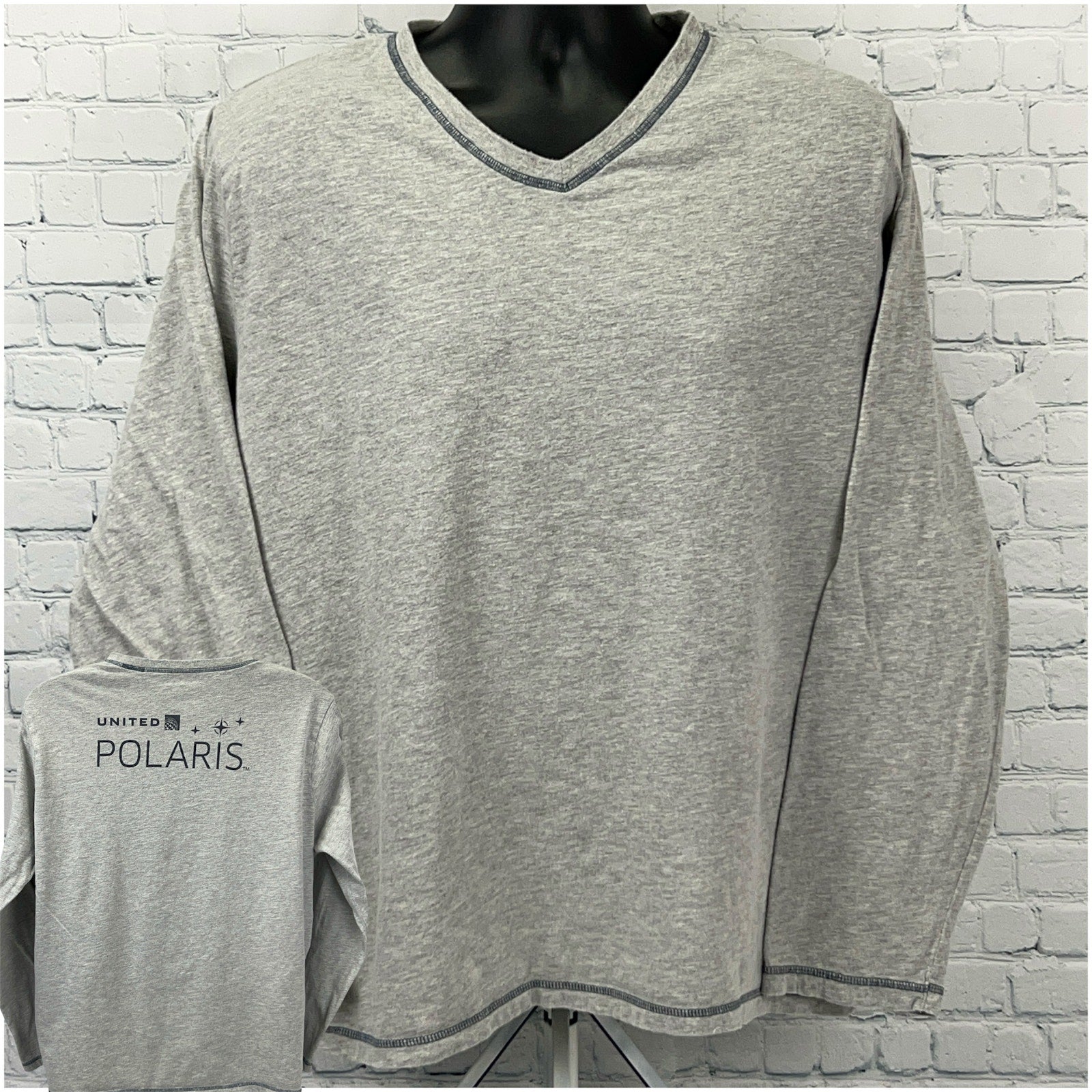 United Polaris Gray Long Sleeve V-Neck Shirt with Front and Back Views, Featuring Logo on Back