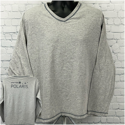 United Polaris Gray Long Sleeve V-Neck Shirt with Front and Back Views, Featuring Logo on Back