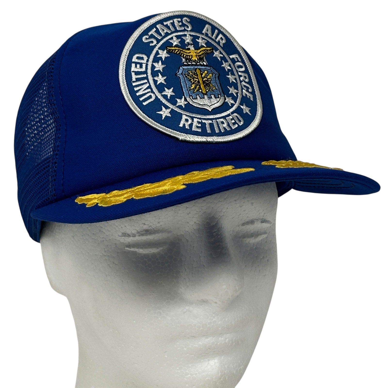 Blue Vintage US Air Force Retired Cap with Emblem and Gold Accents, Side Mesh for Breathability