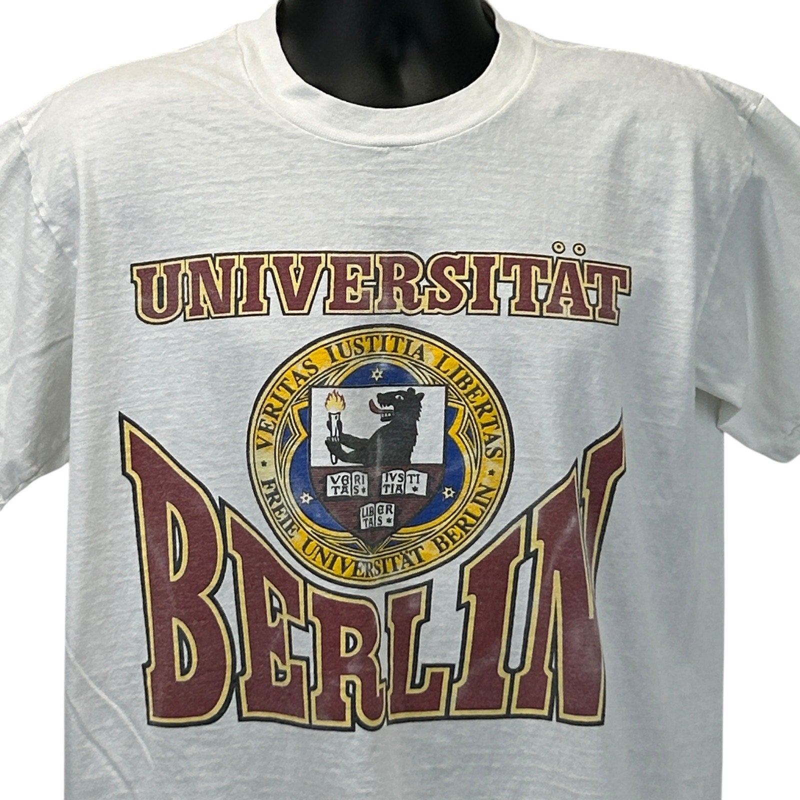 Vintage white T-shirt featuring Universitat Berlin logo in burgundy and gold on the front