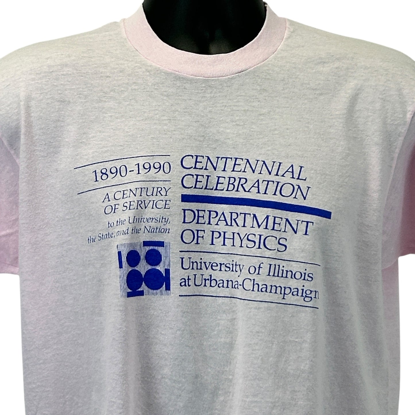 Front view of vintage University of Illinois T-Shirt in pink with physics department logo and centennial celebration design