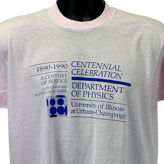 Front view of vintage University of Illinois T-Shirt in pink with physics department logo and centennial celebration design