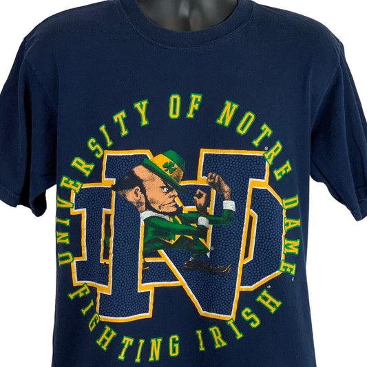 Navy Vintage Notre Dame T-Shirt in size large featuring graphic of the leprechaun mascot on the front